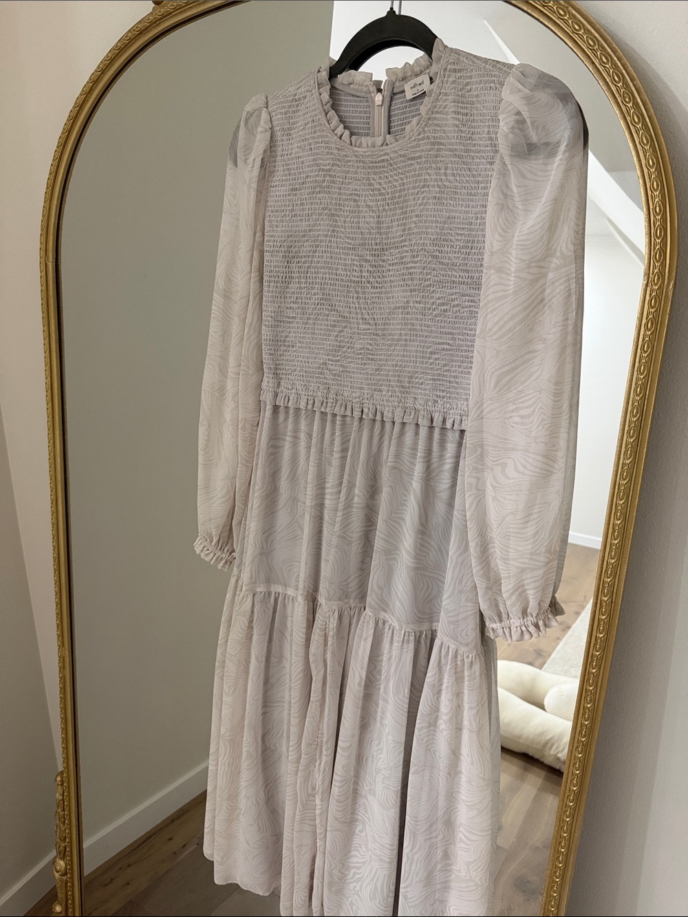 Wilfred Light Gray Smocked Tiered Long Sleeve Dress